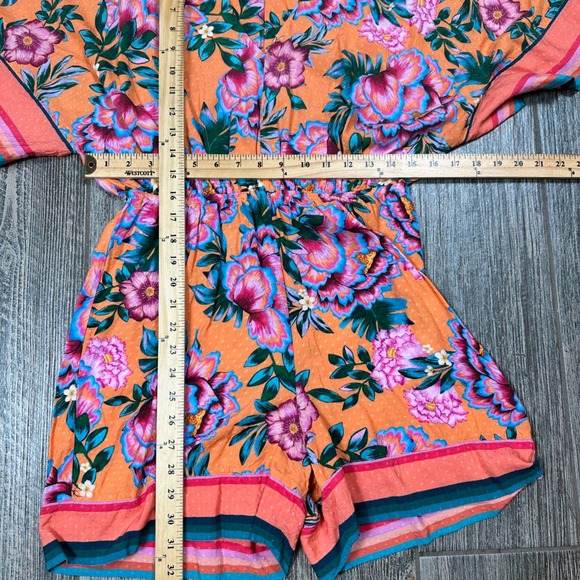 FARM Rio for‎ Anthropologie Orange Floral Kimono Sleeve Romper Shorts Size S - Picture 6 of 10